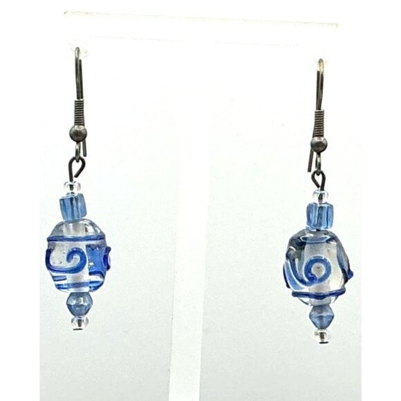 Blue & Clear Swirl Glass Bead Dangle Earrings With Silver Hooks - Picture 4 of 4